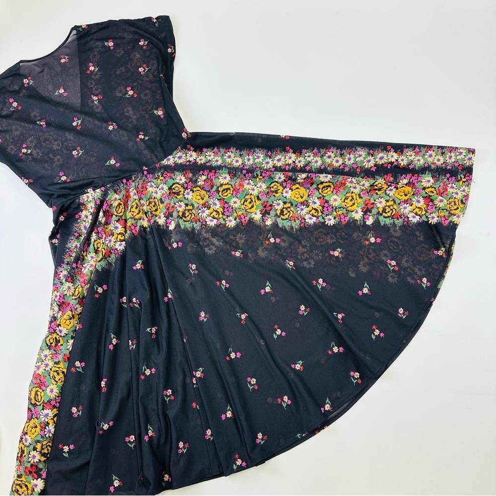 Vintage 80s floral midi dress black full skirt semi sheer Small Retro - Picture 7 of 9